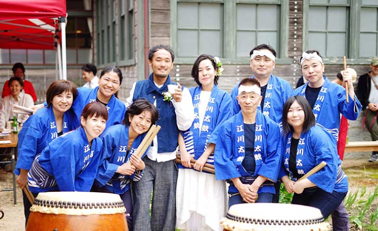 津和野町の糧にて結婚パーティー(趣味の太鼓も披露)